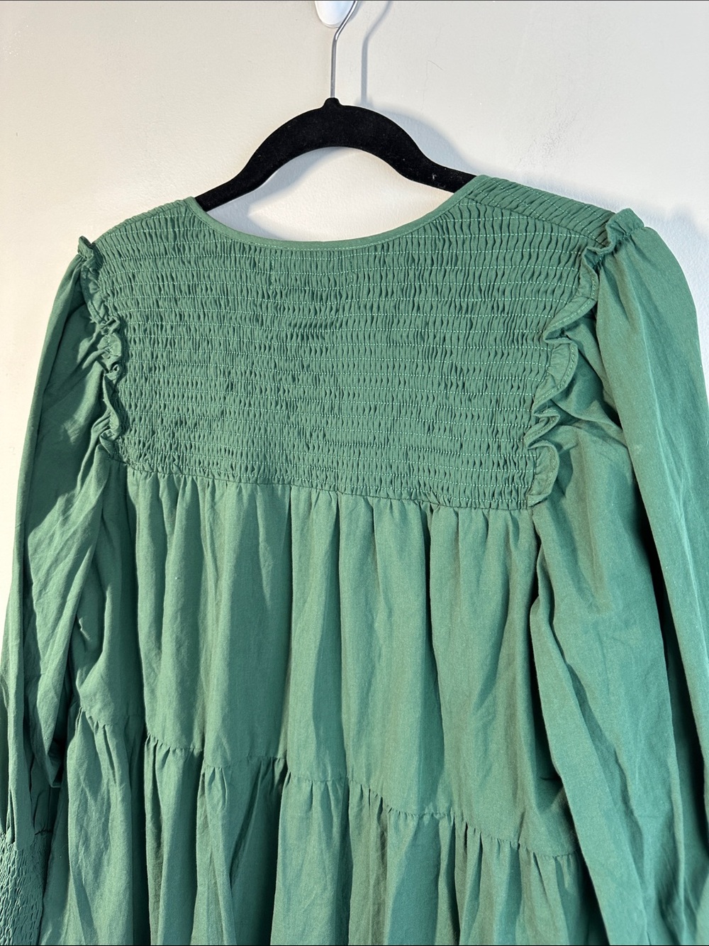 Pomander Place Ceci Smocked Long Sleeve Green Tiered Mini Dress Sz M 100% Cotton - Picture 11 of 11